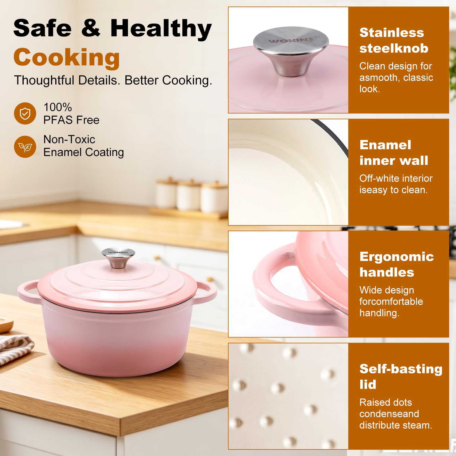 WOKINS 5.5-QT Enameled Cast Iron Round Dutch Oven With Lid,Oven safe,Pink