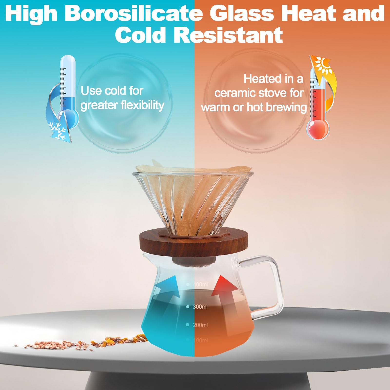 DITOSH Pour Over Coffee Maker 13.5oz Portable Glass Coffee Maker High Borosilicate Glass Eagle Beak Spout Design with 50 Pcs Filter Paper Walnut Wood Base for Pour Over for Daily Brewing 400ml