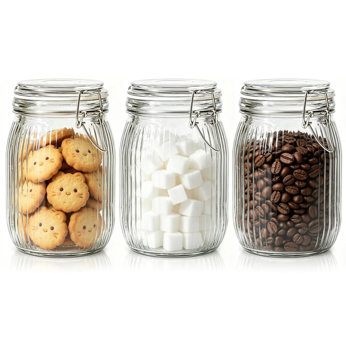ComSaf Ribbed Glass Pantry Jars with Airtight Lids 34 oz 3 Pack Coffee