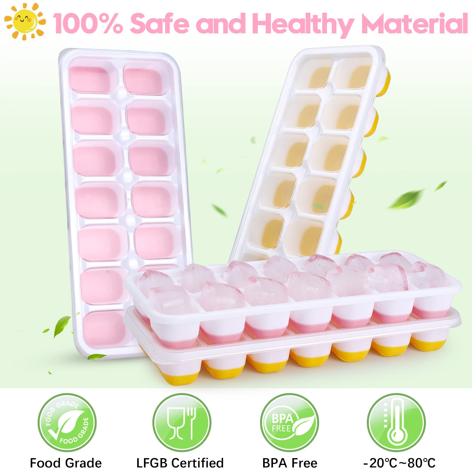 Silicone Ice Cube Tray, 4 Pack Easy-Release & Flexible 14-Ice Cube Trays with Spill-Resistant Removable Lid, Stackable Ice Trays with Covers for Freezer, Cocktail (Pink)