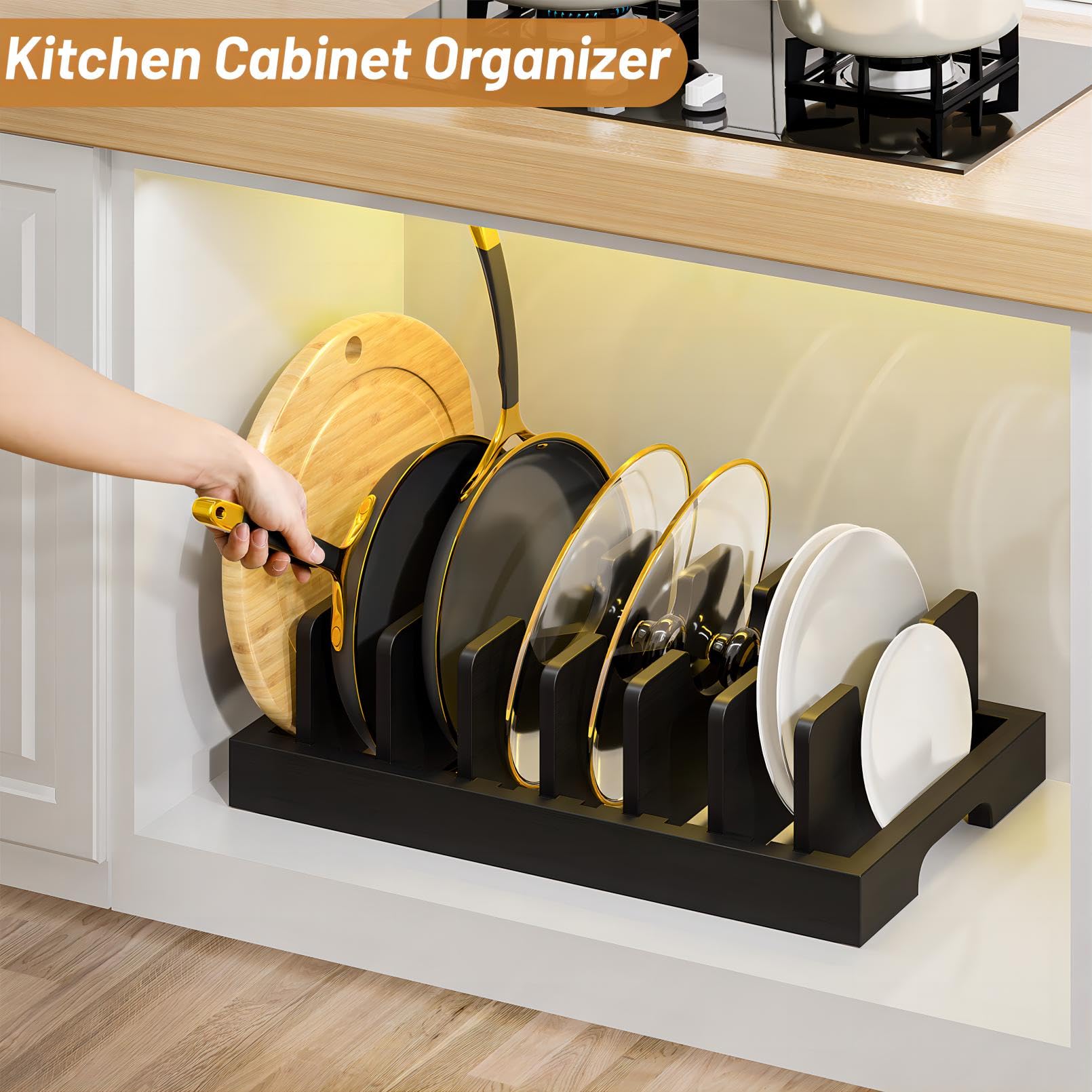 Kiasthome Bamboo Pot and Pan Organizer, Pot Lid Organizer Holder Rack for Countertop Drawer, Kitchen Cabinet Organizer with 7 Adjustable Dividers for Pots, Pans, Baking Sheets, Cutting Boards, Black