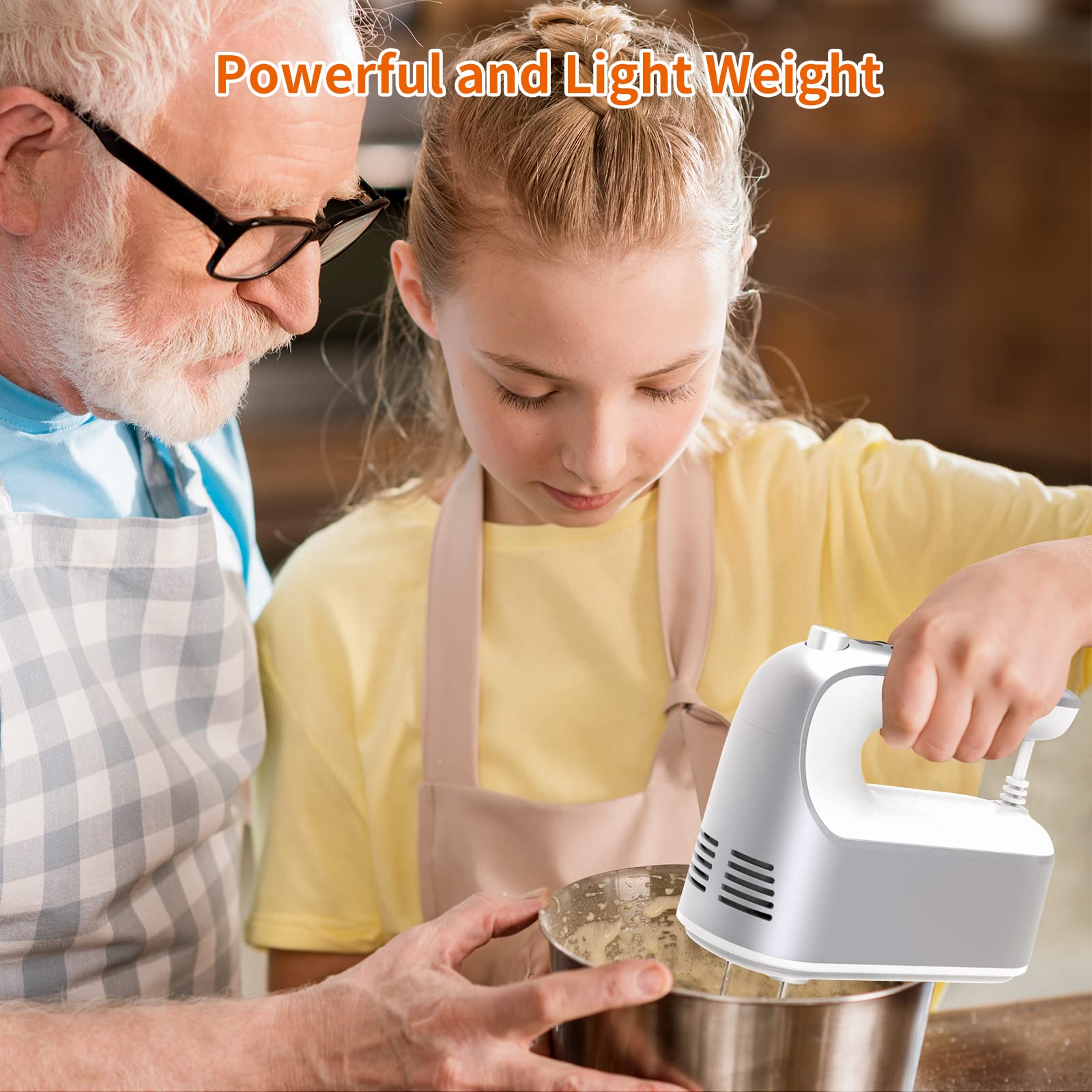 Yomelo 9-Speed Digital Hand Mixer Electric, 400W Powerful DC Motor, Hand Mixer Electric Handheld with Snap-On Storage Case, 5 Stainless Steel Accessories, Beaters, Dough Hooks, Whisk(Silvery White)