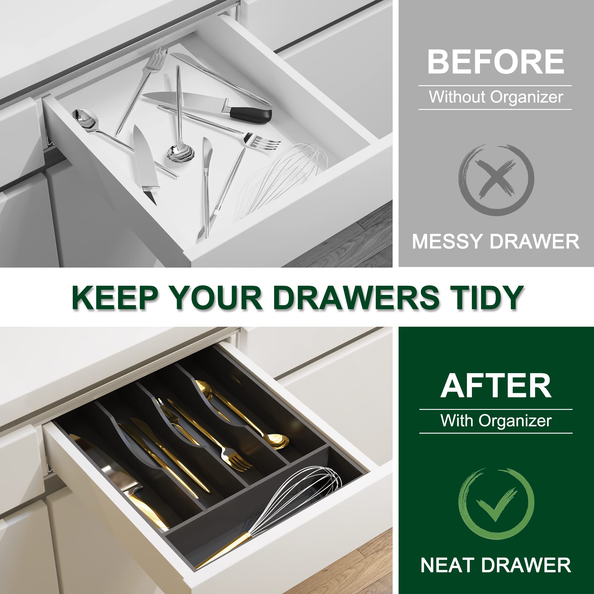 Utensil Organizer 10'' Silverware Drawer Organizer Cutlery Kitchen Bamboo