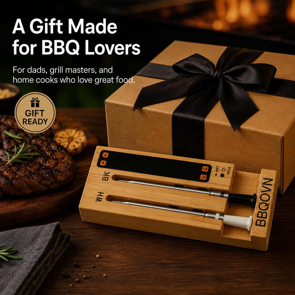 BBQOVN WiFi Sub-1G Wireless Meat Thermometer Unlimited Range 7 NIST Certified Sensors with Ambient Temp 2 Temp Monitoring Ways Digital Smart Base and App for BBQ, Smoker, Grill, Oven (Dual Probes)