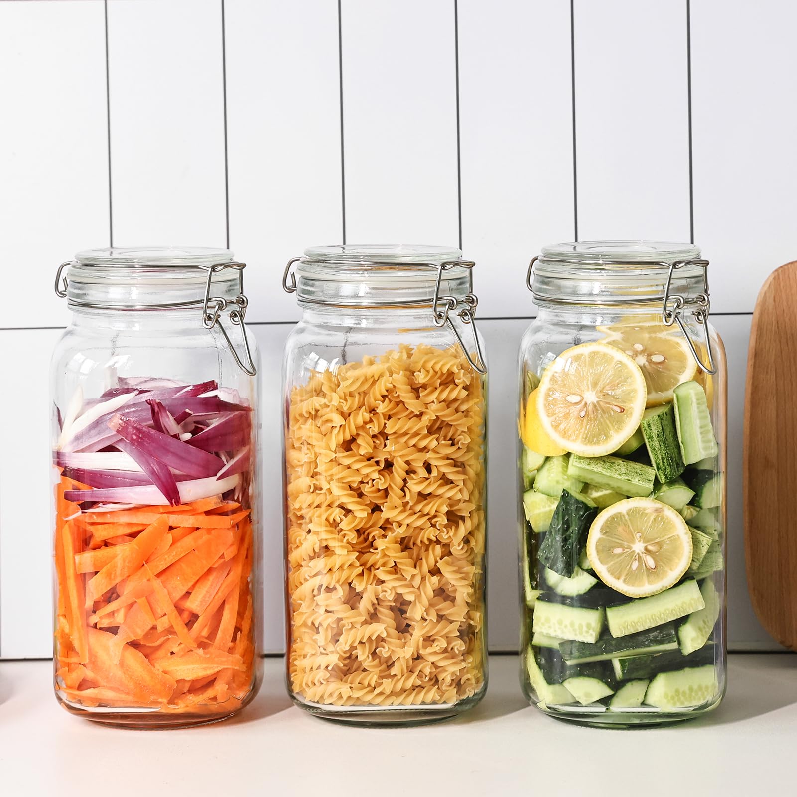 Liuruiyu 78oz Glass Food Storage Jars with Airtight Clamp Lids, 3 Pack Wide Mouth Large Kitchen Canisters for Flour, Cereal, Beans, Pasta and Canning, Square Mason Jar with Labels