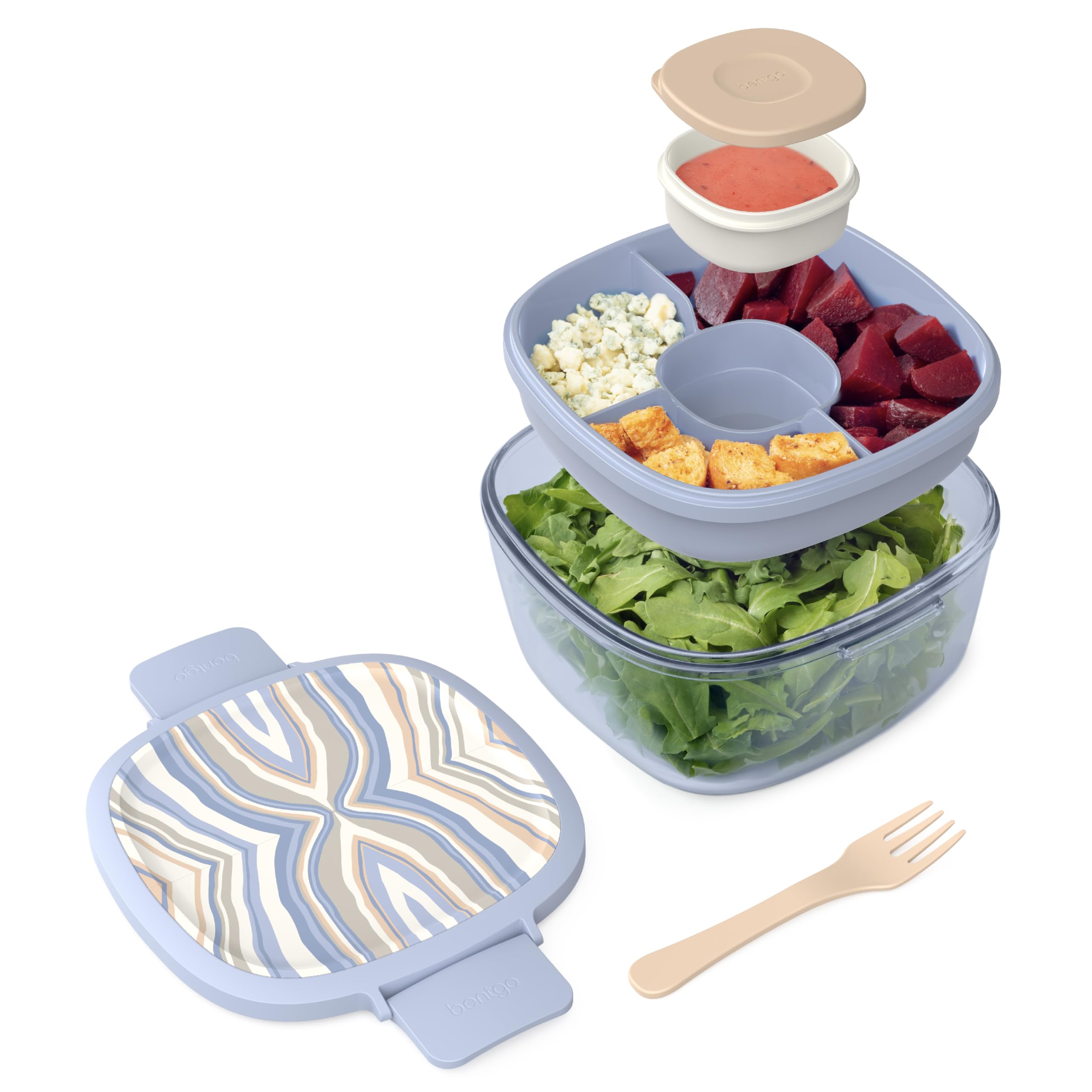 Bentgo Glass Prints Salad Container - 7.6-Cup Tinted Glass Salad Bowl with Airtight Lid, Leak-Proof Sauce Container, 4-Compartment Bento Meal Prep Tray & Reusable Fork (Wildly Chic - Soft Blue)