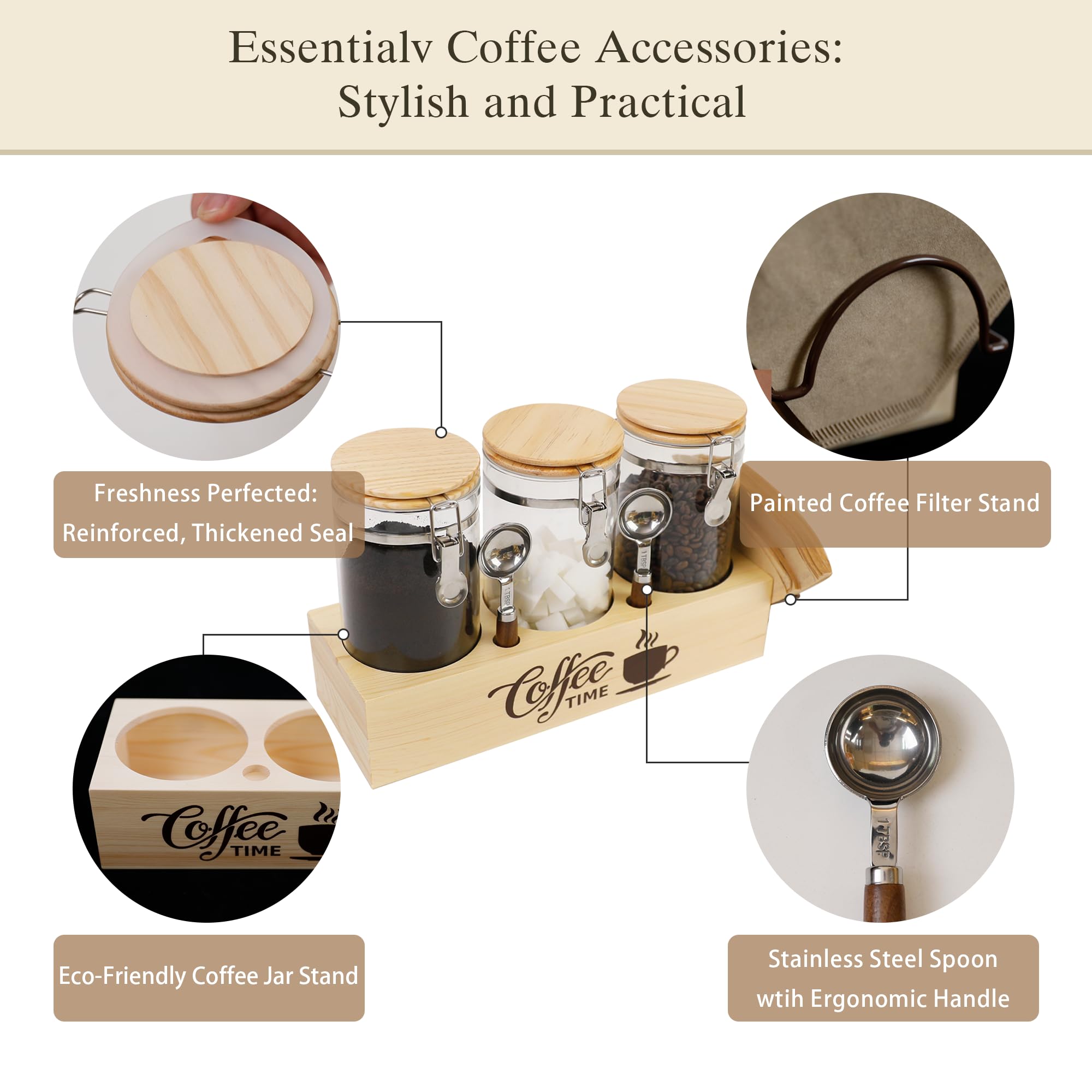EQEY Glass Coffee Canister Set with Shelf & Spoons - 3 Piece Airtight Seal Coffee Bean Storage Containers & Filter Holder for Kitchen Organization