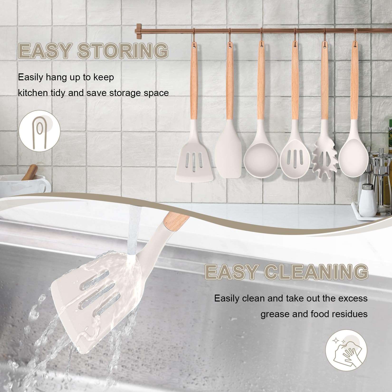 P&P CHEF 6 PCS Kitchen Utensils with Wooden Handle, Khaki