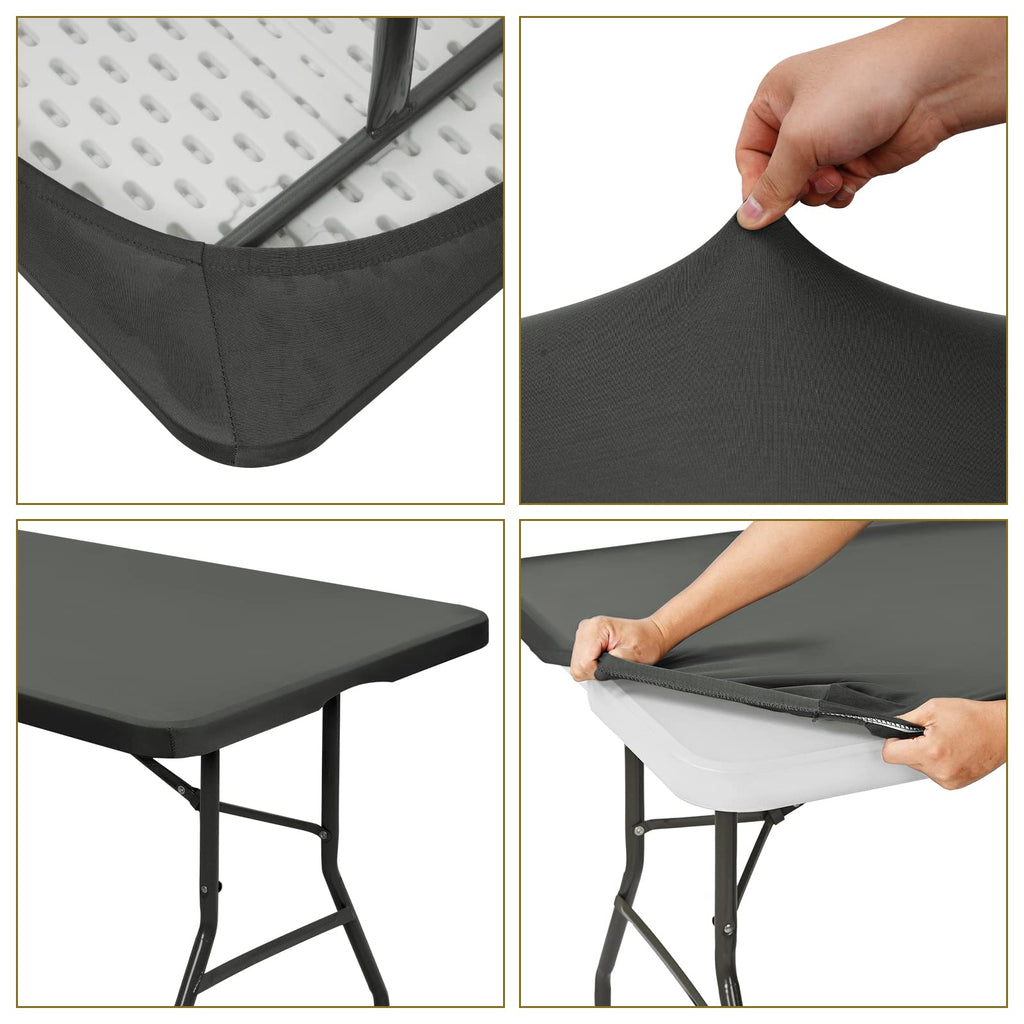 6 Pack Stretch Fabric Table Top Cap Cover, fits 8' Tables, Spandex Table Covers Washable Elastic Universal Rectangle Tablecloth Protector for Indoor Outdoor Party Picnic Wedding, Gray, 30" W x 96" L