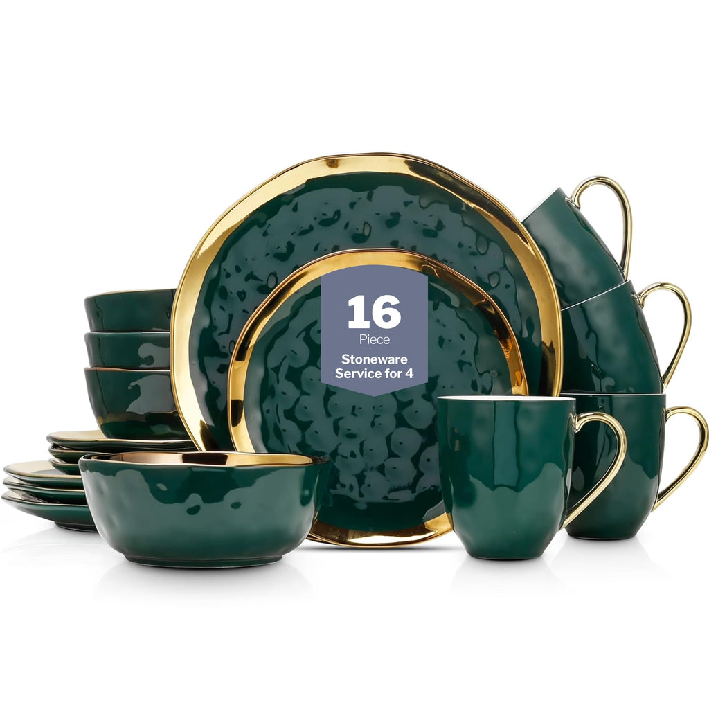 Stone Lain Porcelain 16 Piece Dinnerware Set, Service for 4, Blue and Golden Rim, Dark Blue