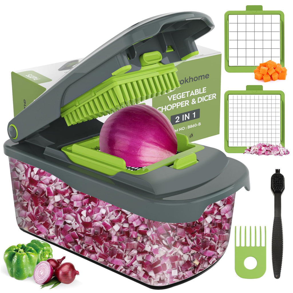 Ourokhome Onion Chopper Dicer with Container, Manual Food Cutter with Handheld Veggie Spiral, Hand Vegetable Mandolin slicer for Potato, Tomato, Carrot, Essential Kitchen Gadget (6 in 1, Gray)