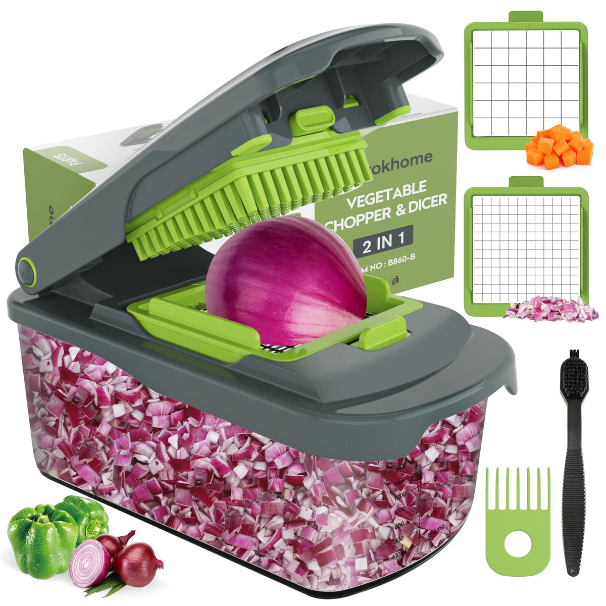 Ourokhome Onion Chopper Dicer with Container, Manual Food Cutter with Handheld Veggie Spiral, Hand Vegetable Mandolin slicer for Potato, Tomato, Carrot, Essential Kitchen Gadget (6 in 1, Gray)