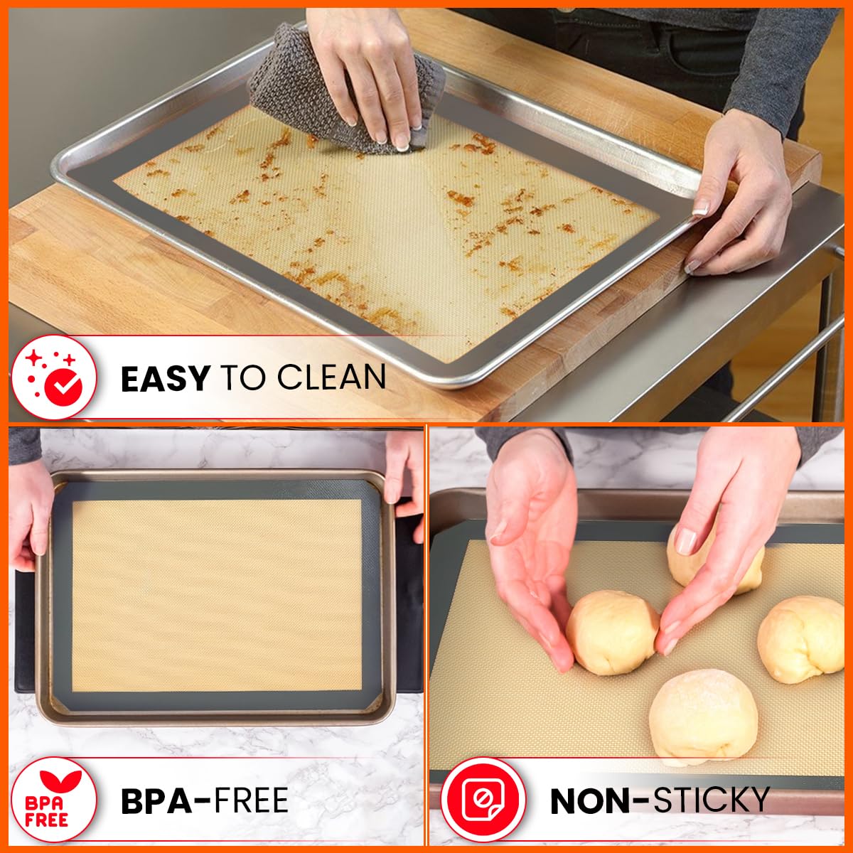Silicone Baking Mat 2 Pack, Half Sheet 16.5 x 11.6, Non-Stick Liner for Oven