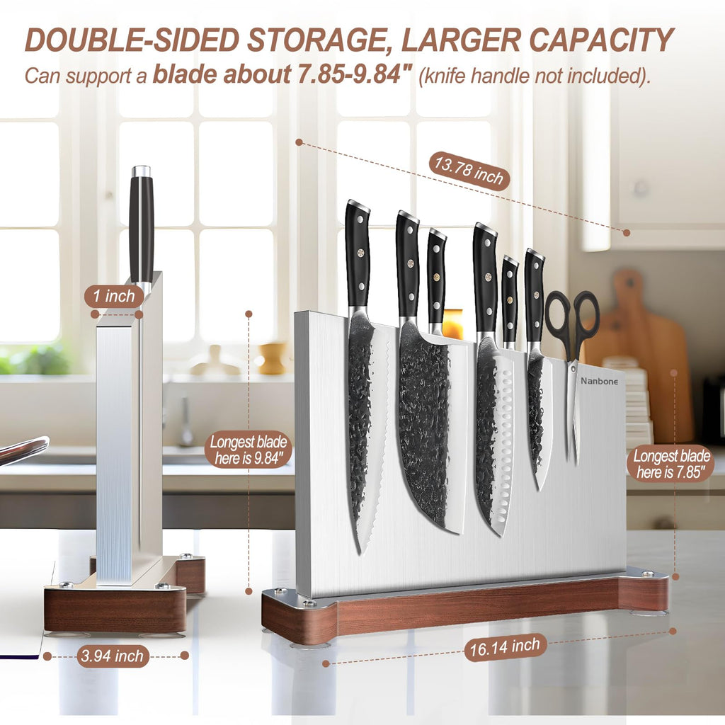 Nanbone Magnetic Knife Block Without Knives Large Double Side Magnetic Knife Holder Stand with Strong Magnet, Stainless Steel Knife Storage Organizer for Kitchen Counter Knife Rack Three Magnet Strip
