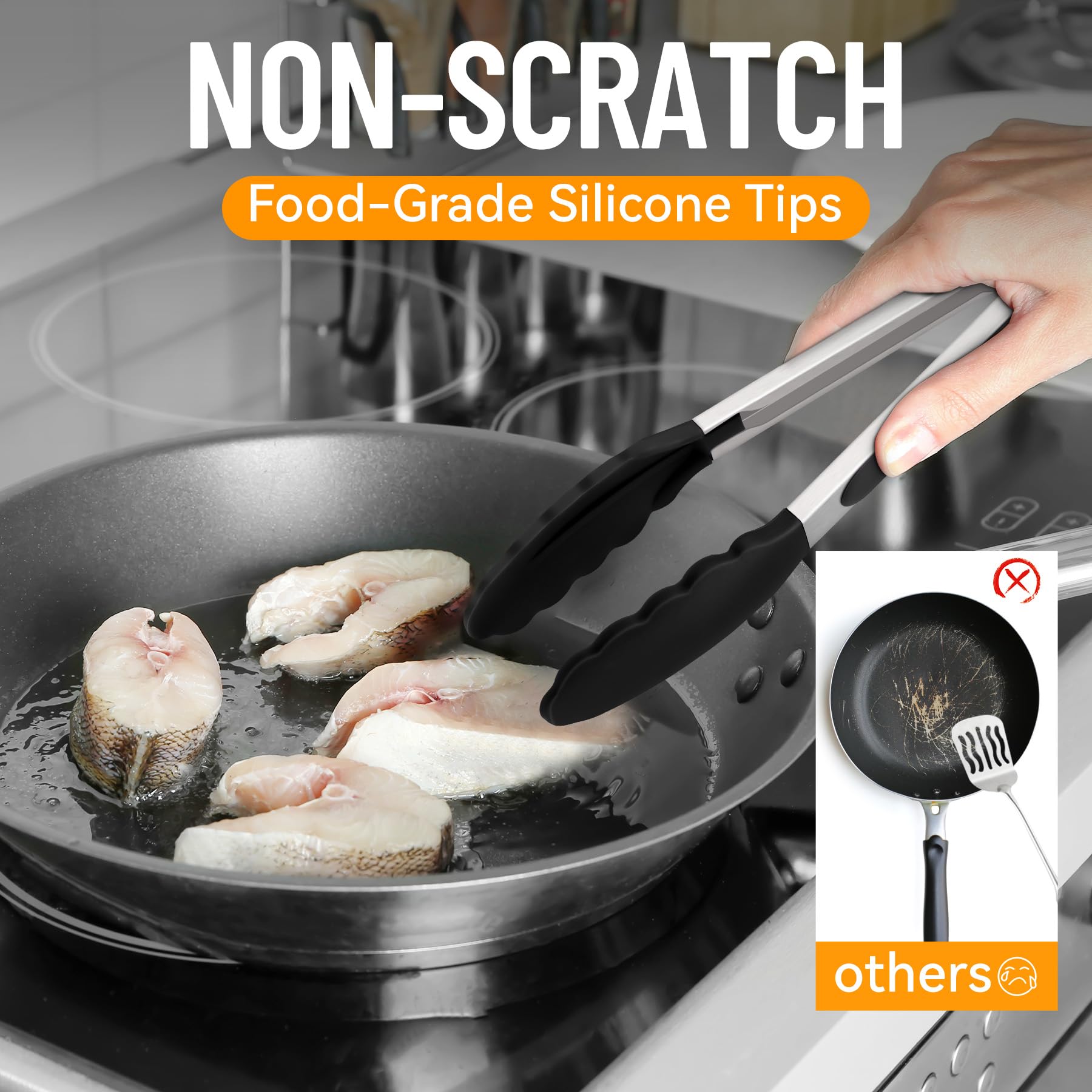 Hotec Silicone Serving Tongs for Cooking 9-Inch Kitchen Tongs with Silicone Tips, Set of 3 (Black)