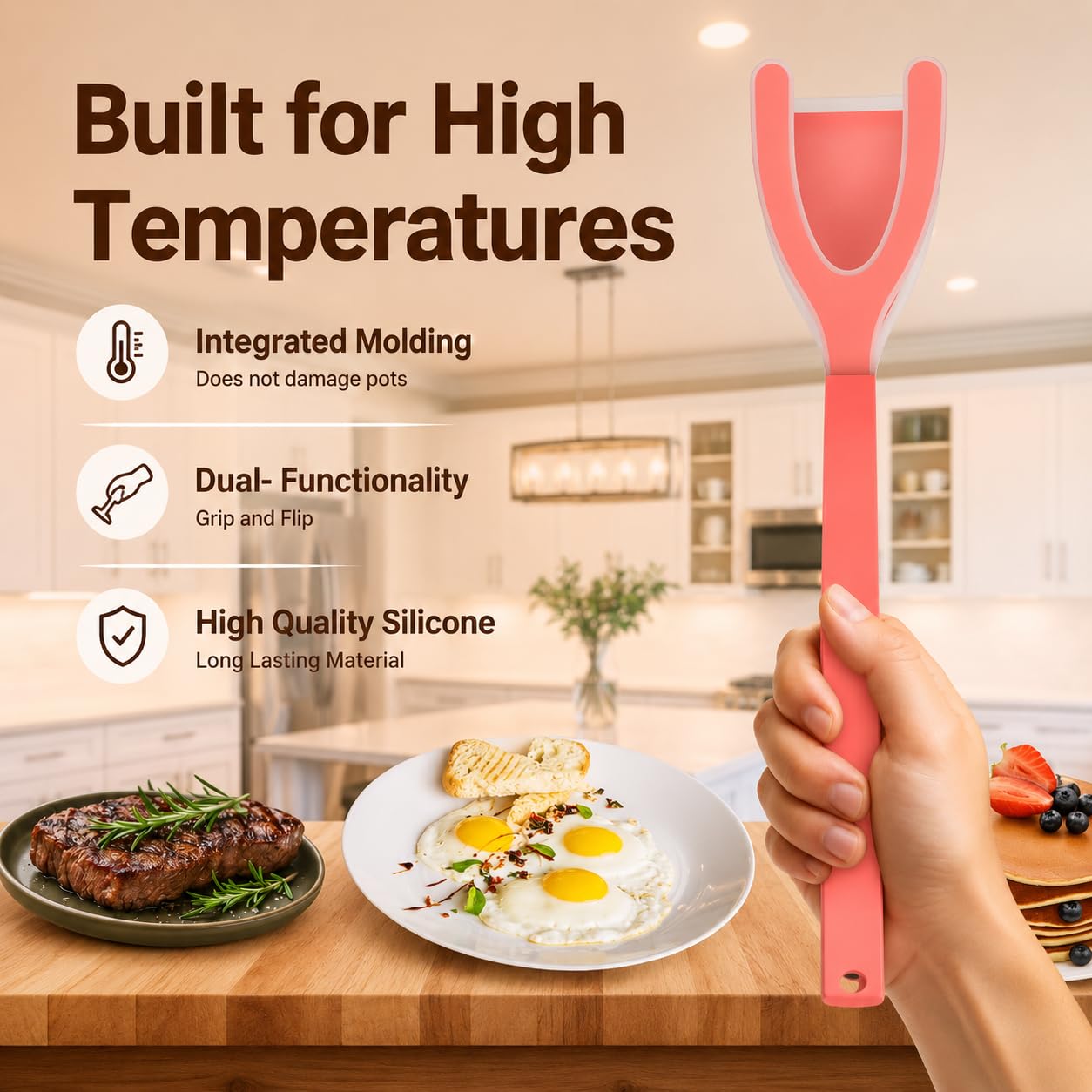 ZONZEST Silicone Egg Flipper Spatula Tongs (Set of 1) – Non-Stick 2-in-1 Grip & Flip Kitchen Tongs for Pancakes, Fish, Eggs, and More – Heat Resistant Cooking Tool (Red)