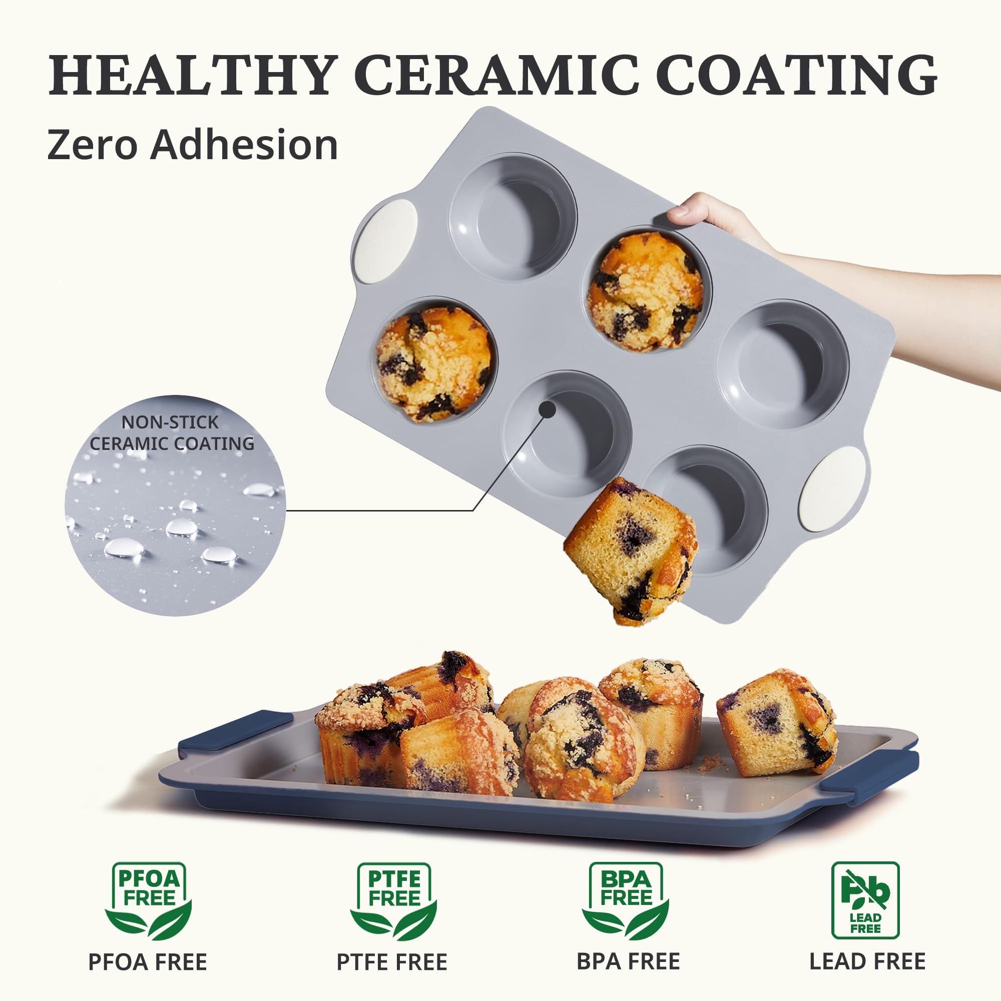 BRONYPRO 2-Pack 6-Cup Non Toxic Nonstick Ceramic Jumbo Muffin Pan & Cupcake Tin, PFOA & PFOA Free, Heavy Duty Rust-Resistant Aluminized Steel, Oven Safe, Cream White