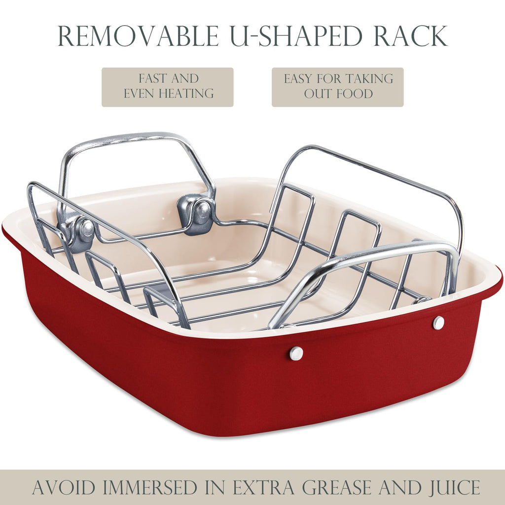 KITESSENSU Nonstick Turkey Roasting Pan with Rack 17 x 14 inch - Large Chicken Roaster Pan for Oven - Wider Handles & Heavy Duty Construction - Suitable for 24lb Turkey, Red