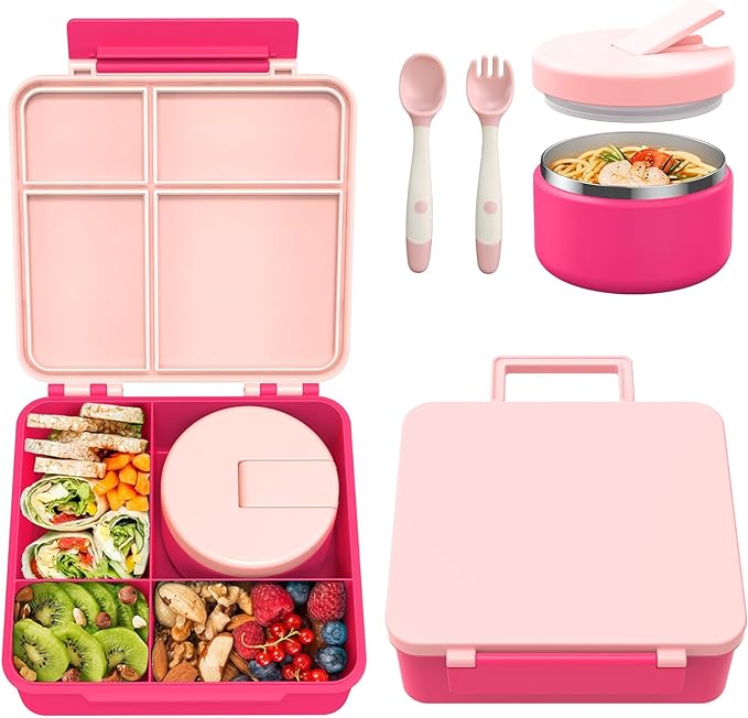 Bento Lunch Box with 8oz Soup Thermo, Kids Leakproof Lunch Food Containers with 4 Compartment, Kids Thermo Insulated Hot Food Jar for School, Trvael - (Pink)