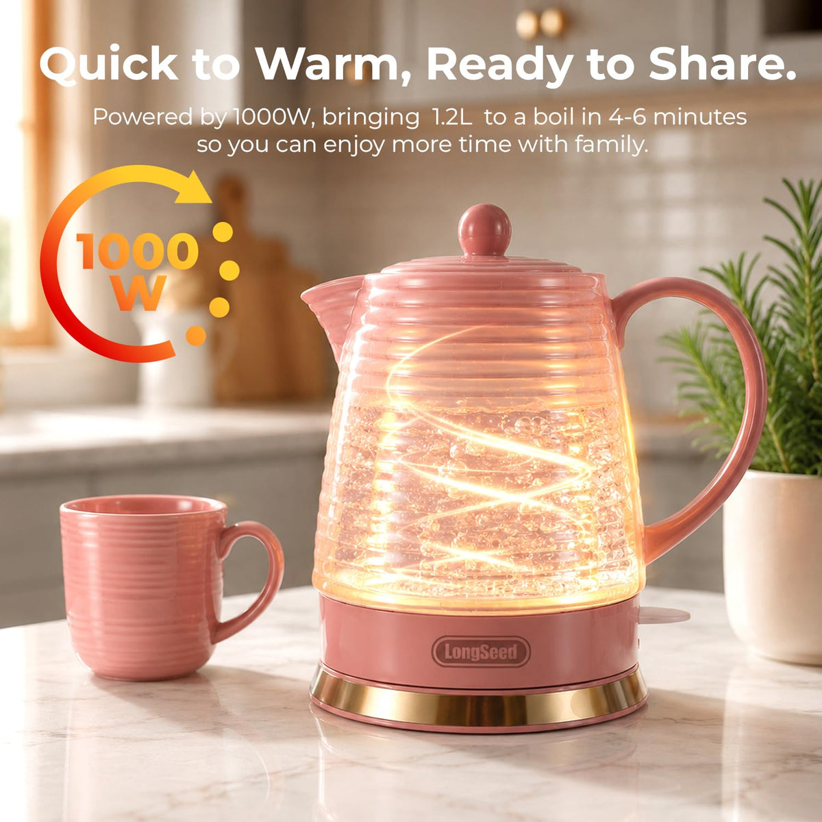 LONGSEED 1.2 Liters Ceramic Electric Kettle with Infuser & Mug Set, 1000W Fast Boil Water for Tea and Coffee, Teapot with Boil-Dry Protection and Auto Shut-Off, Detachable Swivel Base