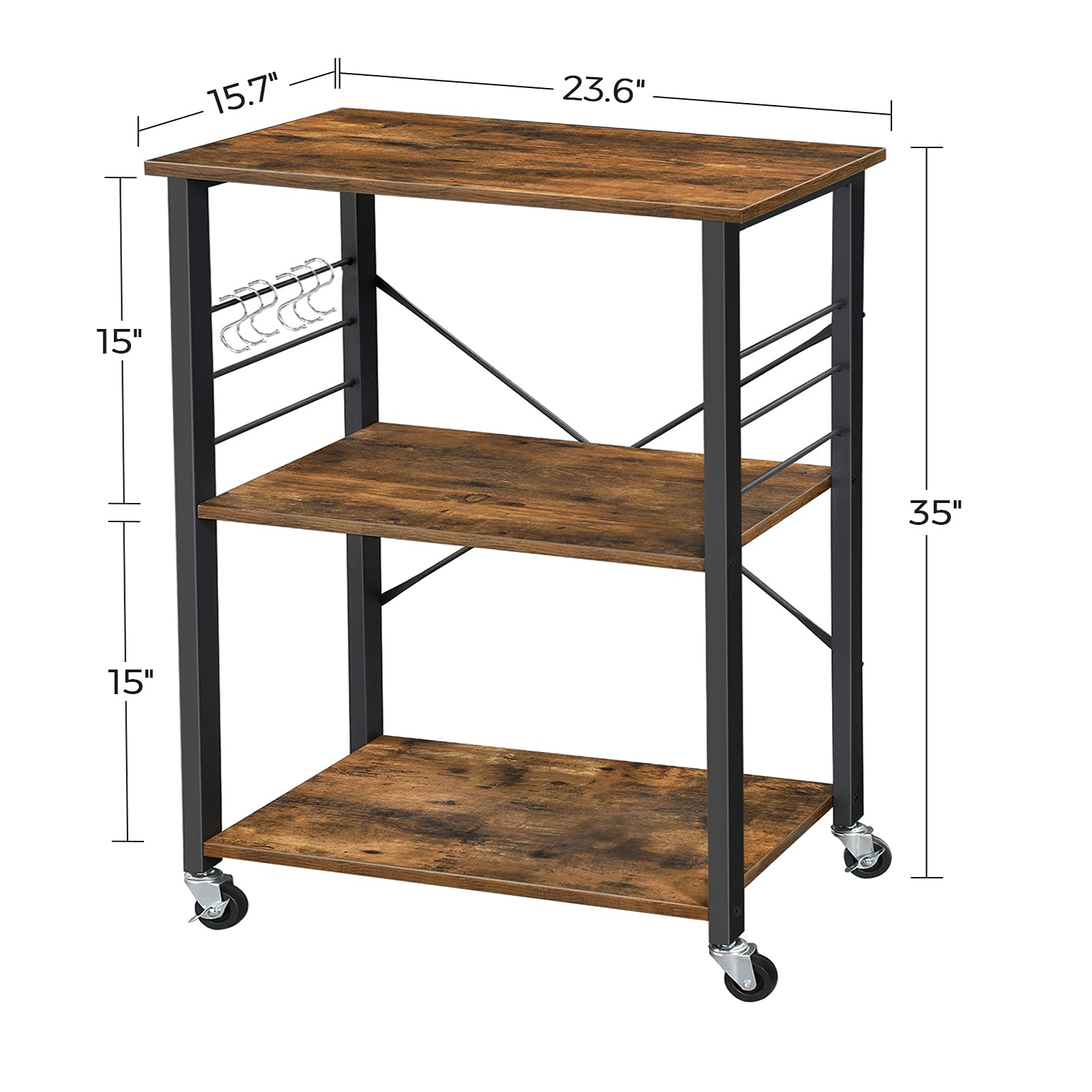 VASAGLE Kitchen Shelf on Wheels, 23.6 Inches Serving Cart with 3 Shelves, Kitchen Cart, Microwave Shelf, for Mini Oven, Toaster, with 6 Hooks, Industrial Style, Rustic Brown and Ink Black UKKS60XV1