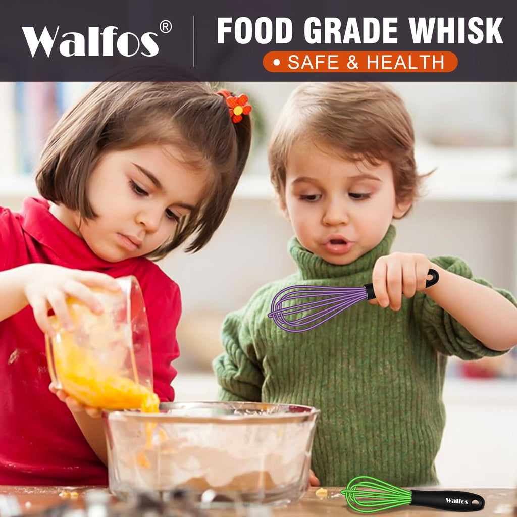 Walfos Whisk,5+7Inch Mini Whisks,Silicone Non Scratch whisk,Heat Resistant(480°F) Small whisks Suitable for stirring individual eggs and mixing small amounts of powder and sauce. Purple & Green