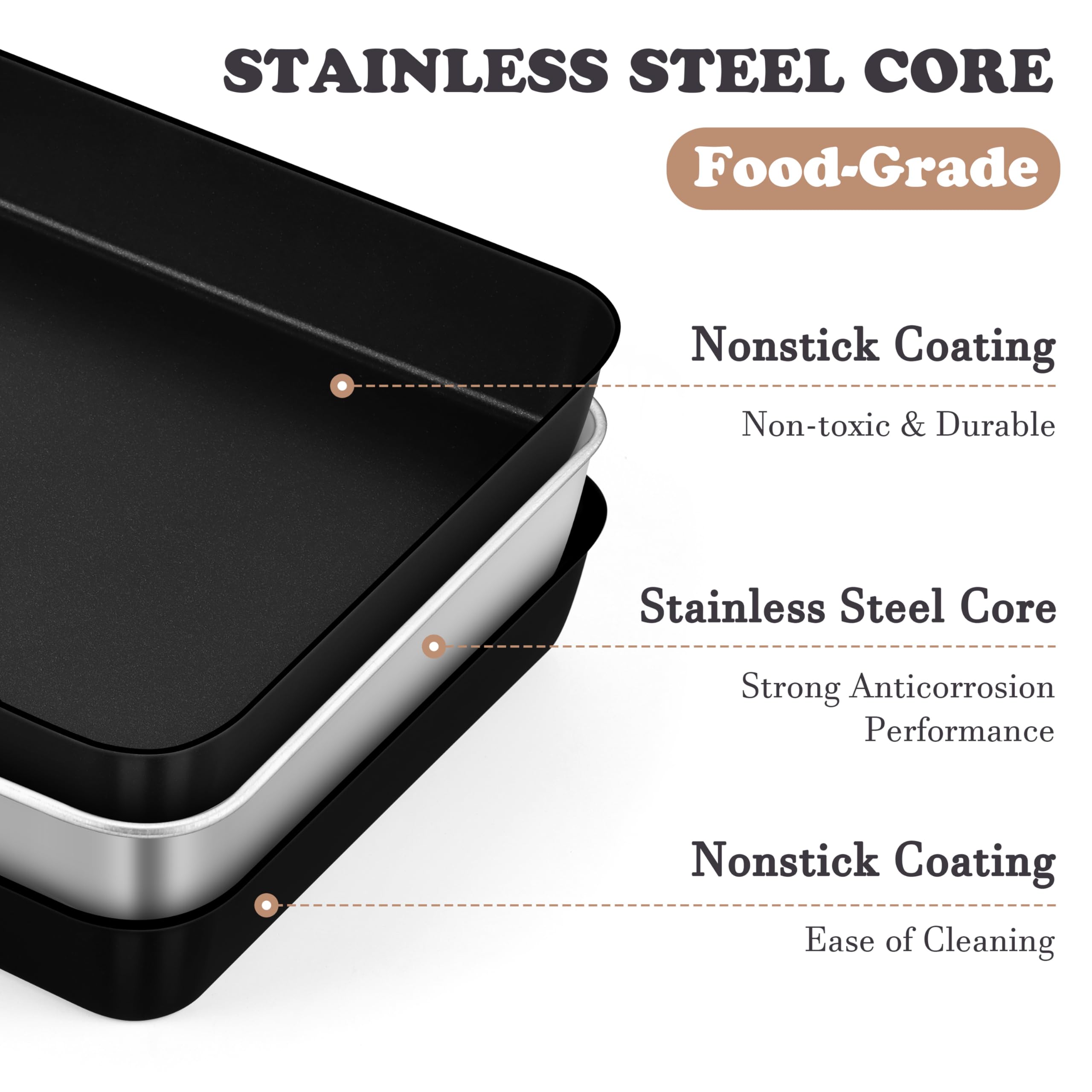E-far 12.5 x 9.7 Inch Baking Pan Set of 2, Nonstick Stainless Steel Rectangle Cake Pans for Baking Brownies Casseroles Lasagna, Stainless Steel Core & Nonstick Coating, Non-toxic & Oven Safe