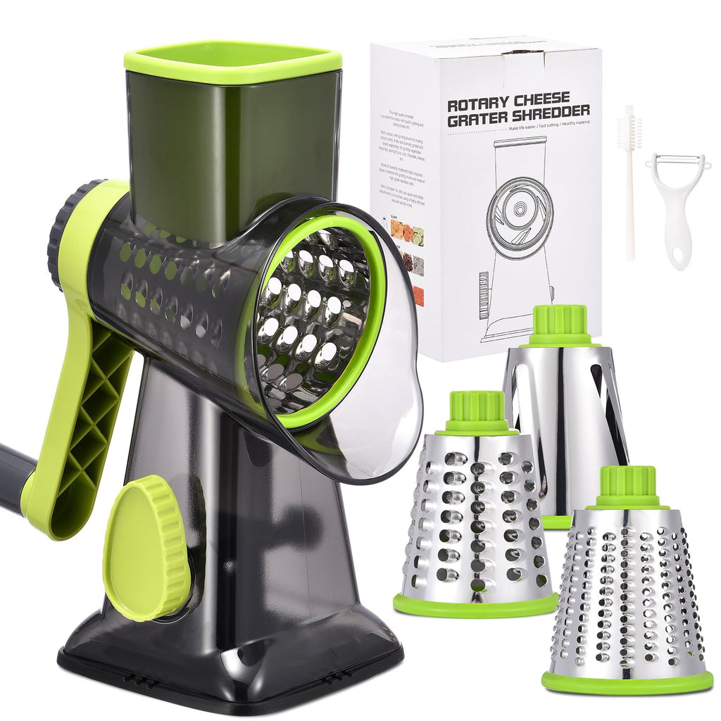 Rotary Cheese Grater with Handle Kitchen Shredder Slicer Grater Slicer Ice Shaver Cheese Vegetable Nuts Potato Zucchini Chocolate 3 Interchangeable Blades (Grey TSP)