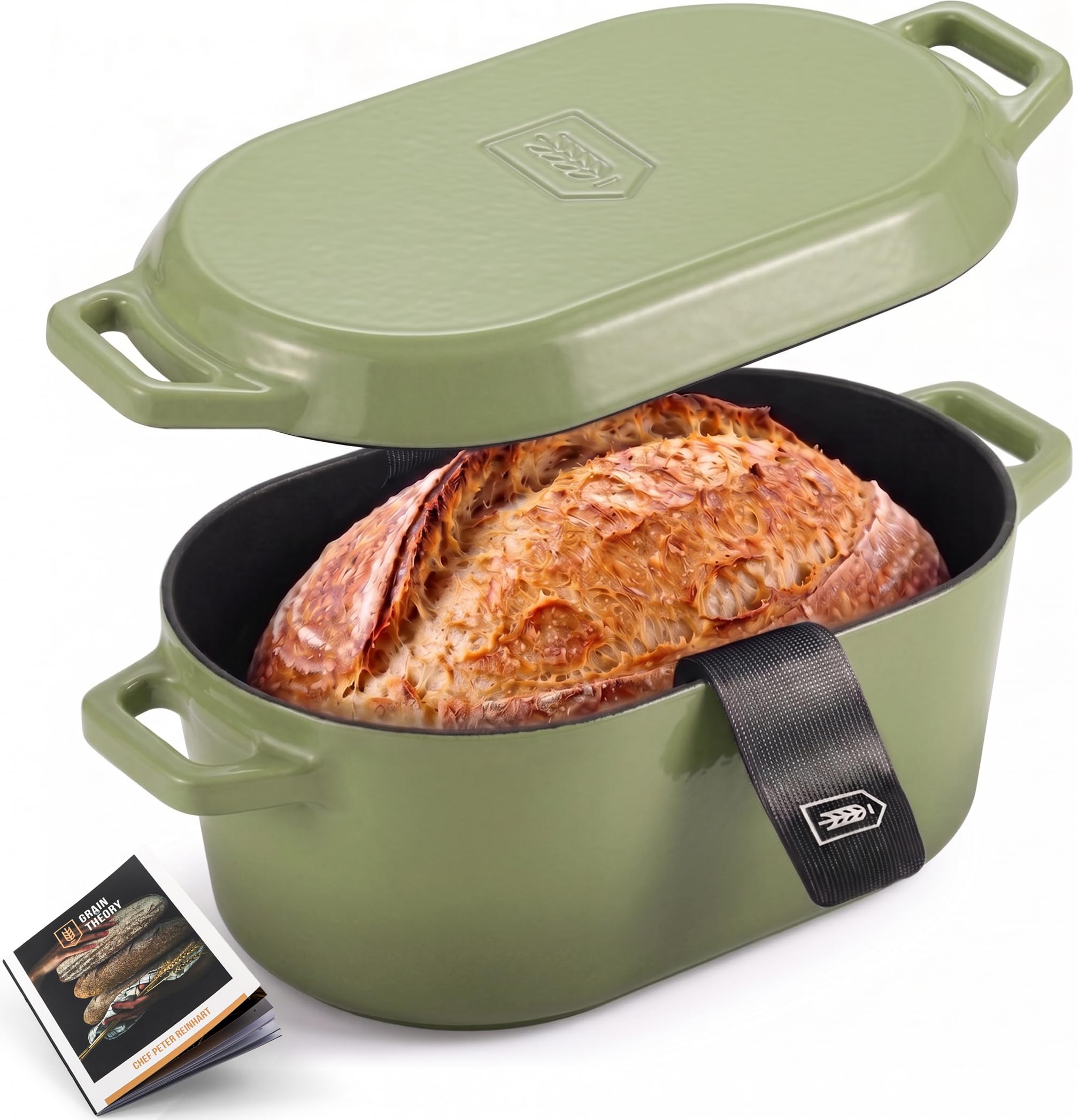 KooK Oval Dutch Oven, for Bread Baking, Sourdough Loaf Pan, Dual Handles, Enameled Cast Iron, with Sling, Dishwasher Safe, 3.4 Qt, Sage Ombre