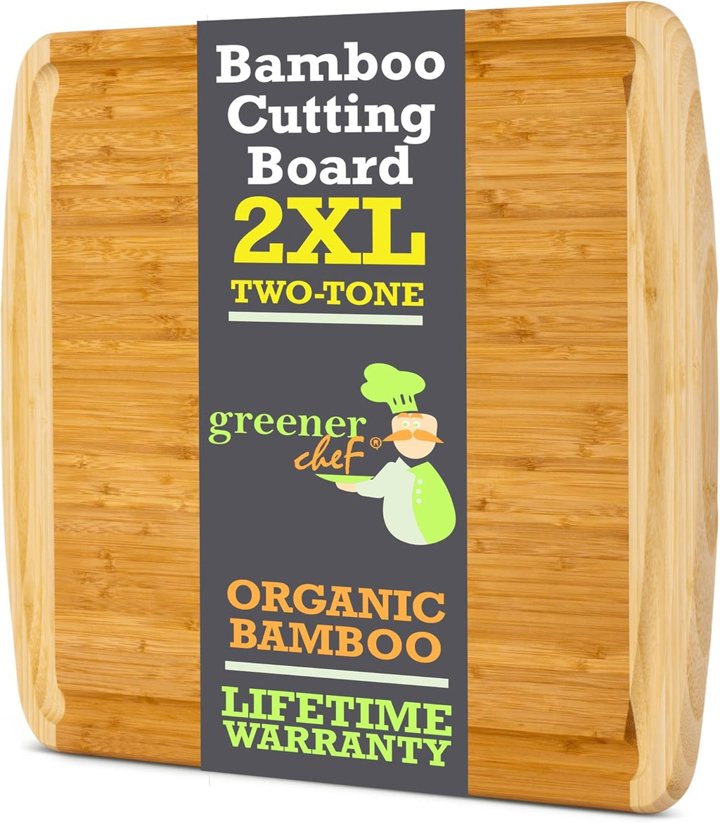 HUGE 24 Inch Bamboo Cutting Board with Lifetime Replacement - 2XL Extra Large Wooden Butcher Block for Kitchen, Stove Top, Meat, Vegetables, and Charcuterie with Deep Juice Grooves