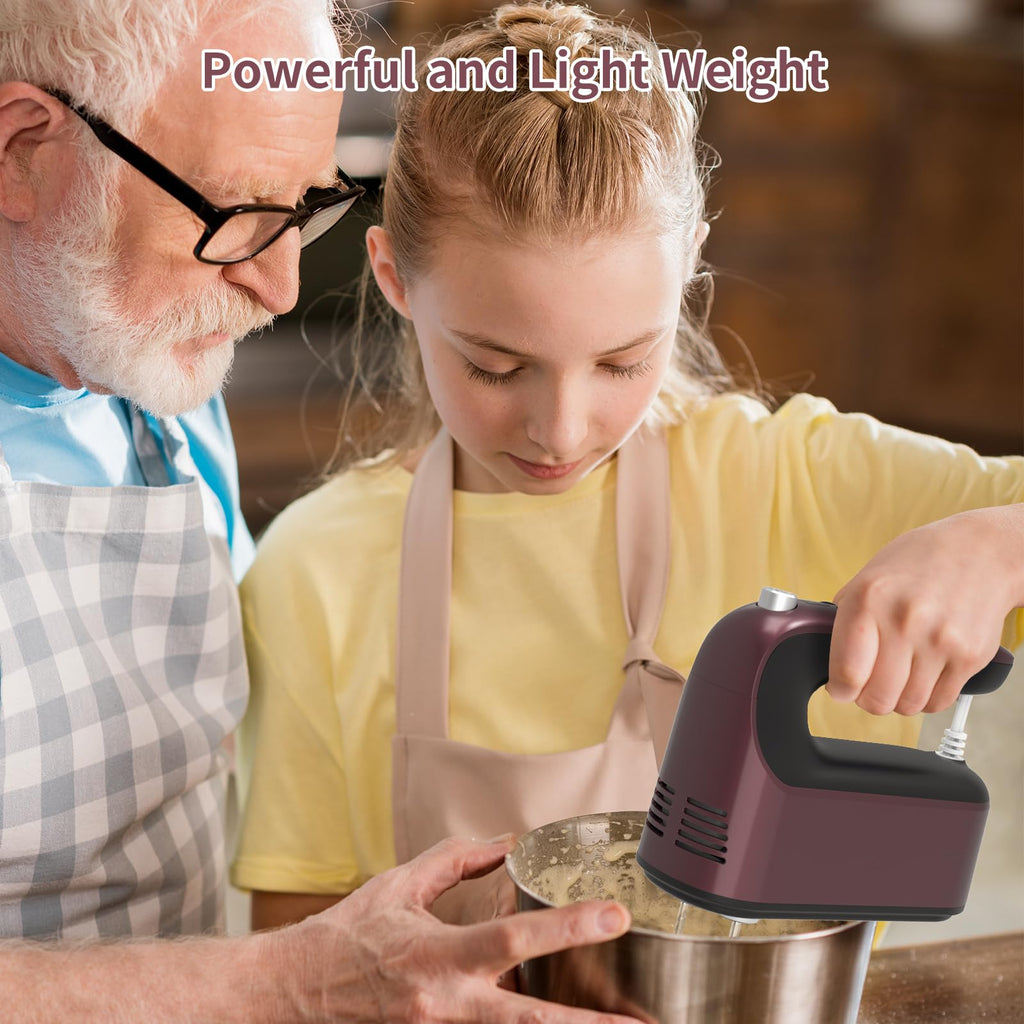 Yomelo 9-Speed Digital Hand Mixer Electric, 400W Powerful DC Motor, Hand Mixer Electric Handheld with Snap-On Storage Case, 5 Stainless Steel Accessories, Beaters, Dough Hooks, Whisk(Grape Purple)