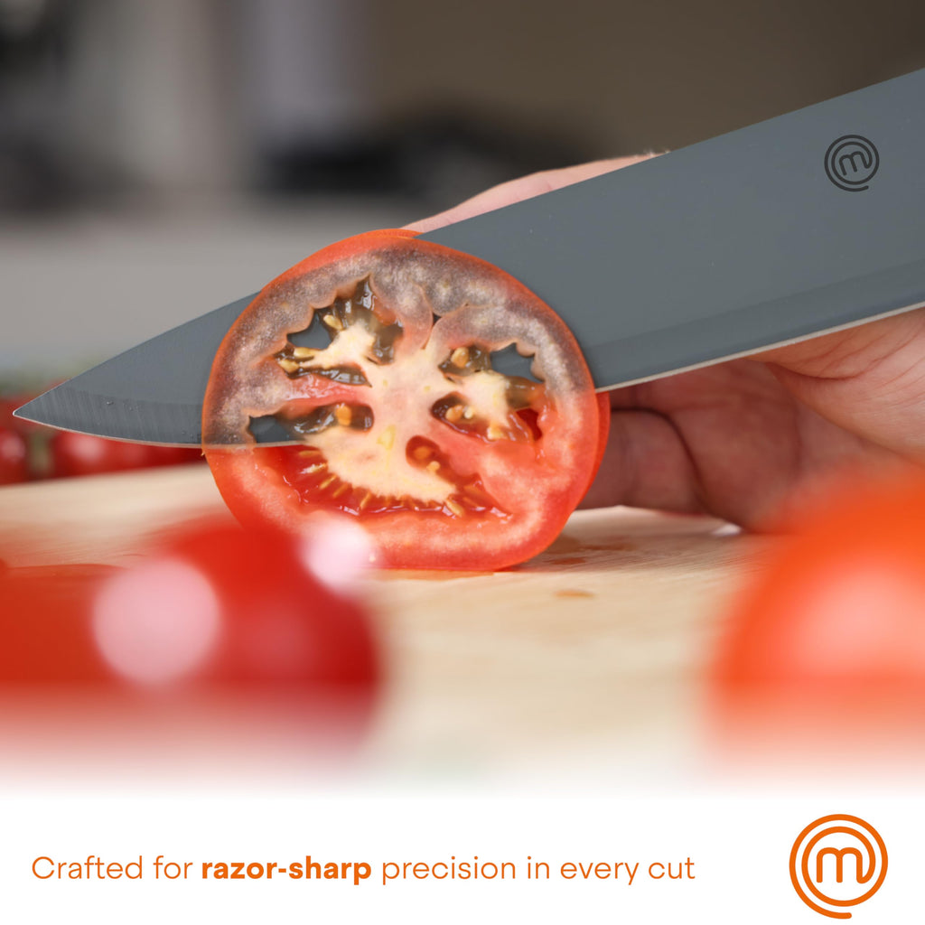 MasterChef Kitchen Knife Set with Covers, 6 Professional Chef Knives for Home Kitchens, Extra Sharp Cutting Stainless Steel Blades & Protective Sheaths, Soft-Touch Easy-Grip Handles, Earth Greys