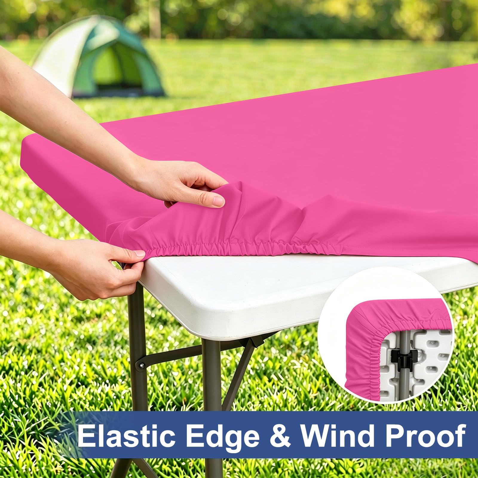 homing Rectangle Table Cloth Cover, Water-Resistant Polyester Elastic Fitted Tablecloth, Fits for 6 Foot Folding Tables, Washable Table Protector for Picnic, Camping, Outdoor (Rose Pink, 30" x 72")