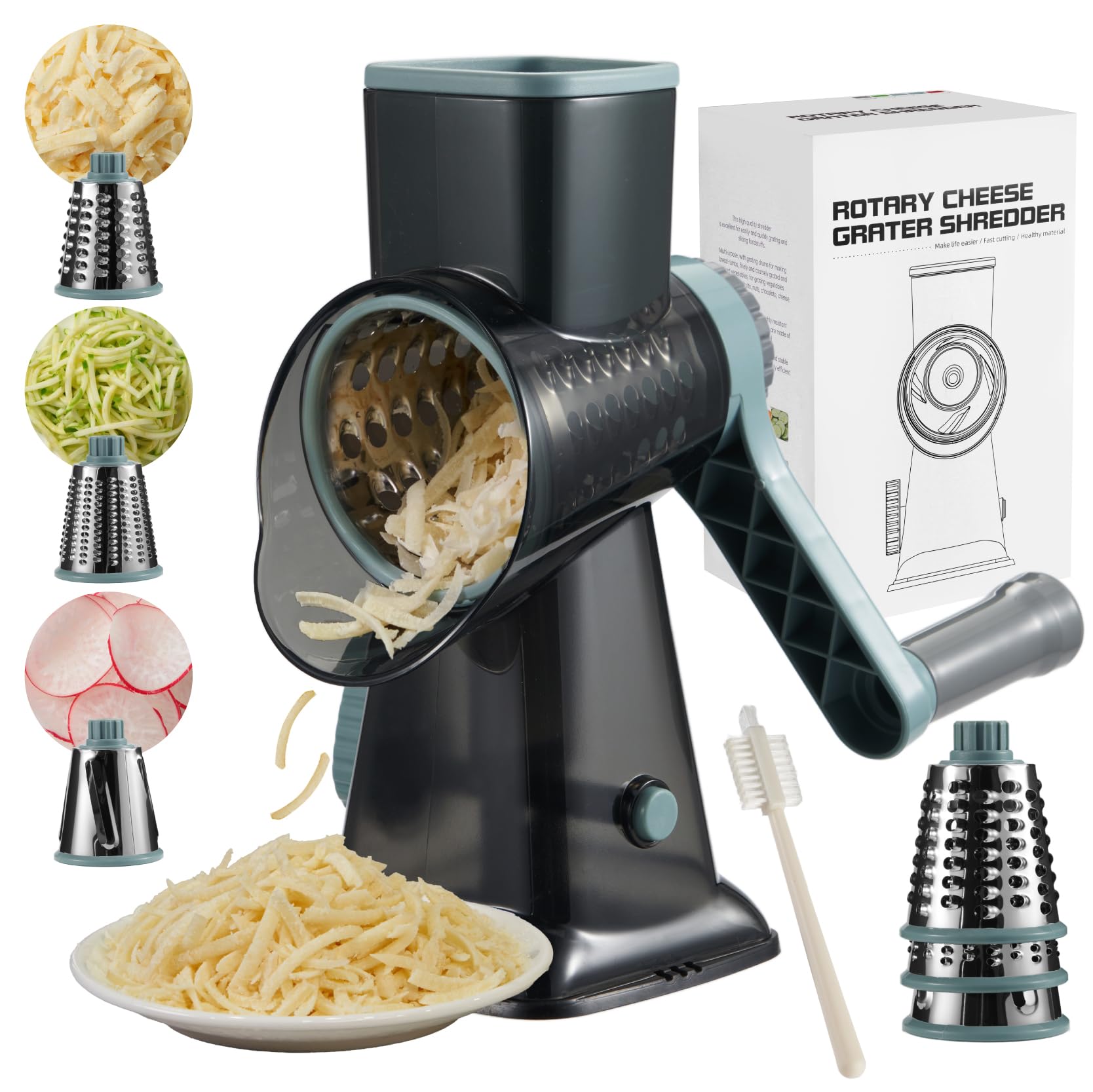 ALEXPHY Rotary Cheese Grater hand crank 3 blades with Stronger Suction Base | Stainless Steel Blades for Fruits, Vegetables, Nuts. Dishwasher Safe & Easy to Clean, Transparent Black & Blue