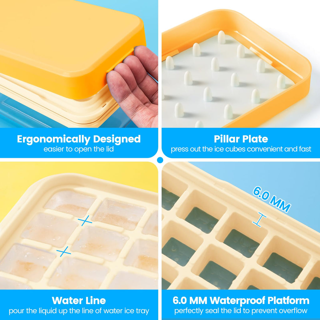 0.8“ Ice Cube Tray with Lid and Bin, PHINOX 56 Cubes Ice Trays for Freezer, Ice Cube Trays for Freezer with 2 trays, Container, Lid & Ice Scoop, BPA Free, Yellow(28Cubes/Tier)