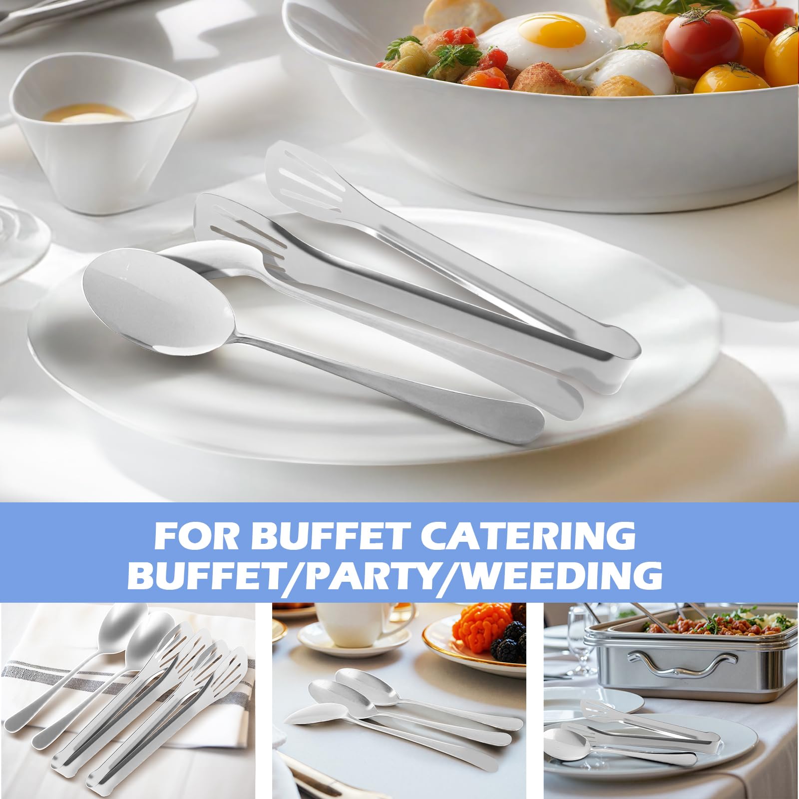12PCS Stainless Steel Serving Utensils Sets,8 Large Serving Spoons,4 Serving Tongs,Silver Serving Utensills Sets for Buffet Catering Banquet Party (Silver)