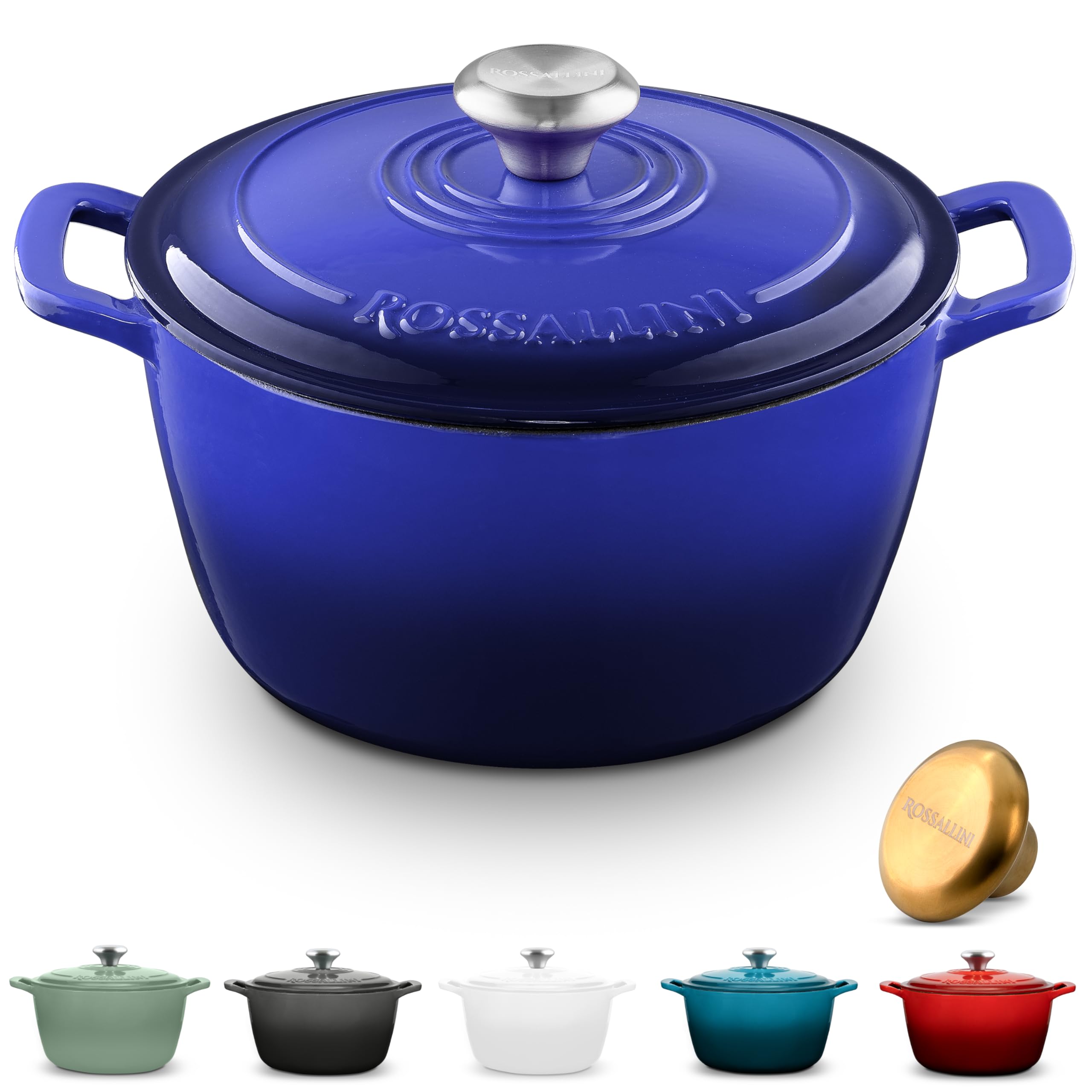 ROSSALLINI Signature Enameled Cast Iron Dutch Oven, Non-Stick Serving Pot with Tight Fitting Lid for Perfect Roasting, Baking, Sauteing, and Bread Making | 2Q (1.9L) - Indigo Blue