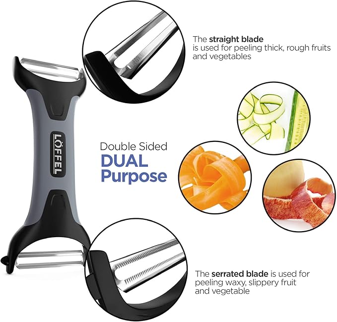 LÖFFEL Peeler for Potato Vegetable Orange - Heavy Duty Double Sided Dual Purpose Non Slip Grip Apple Fruit Y Shaped with Ultra Sharp Stainless Steel Straight and Serrated Blades, Dishwasher Safe