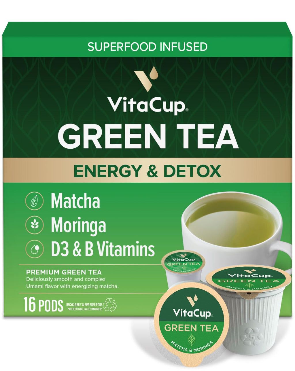 VitaCup Green Tea Pods, Enhance Energy & Detox with Matcha, Moringa, B Vitamins, D3, Keto, Paleo, Vegan, Single Serve Pod, Compatible with Keurig K-Cup Brewers,16 Ct