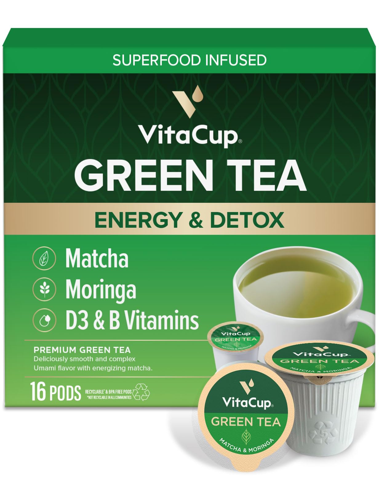 VitaCup Green Tea Pods, Enhance Energy & Detox with Matcha, Moringa, B Vitamins, D3, Keto, Paleo, Vegan, Single Serve Pod, Compatible with Keurig K-Cup Brewers,16 Ct