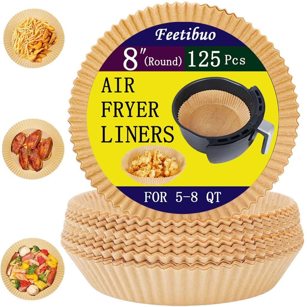 Feetibuo parchment paper for air fryer, 7.9inch round air fryer liners disposable,125PCS Non-stick parchment paper sheets for 5-8QT airfryer liners, Baking, Roasting Microwave