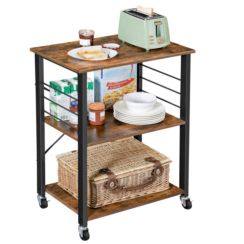 VASAGLE Kitchen Shelf on Wheels, 23.6 Inches Serving Cart with 3 Shelves, Kitchen Cart, Microwave Shelf, for Mini Oven, Toaster, with 6 Hooks, Industrial Style, Rustic Brown and Ink Black UKKS60XV1