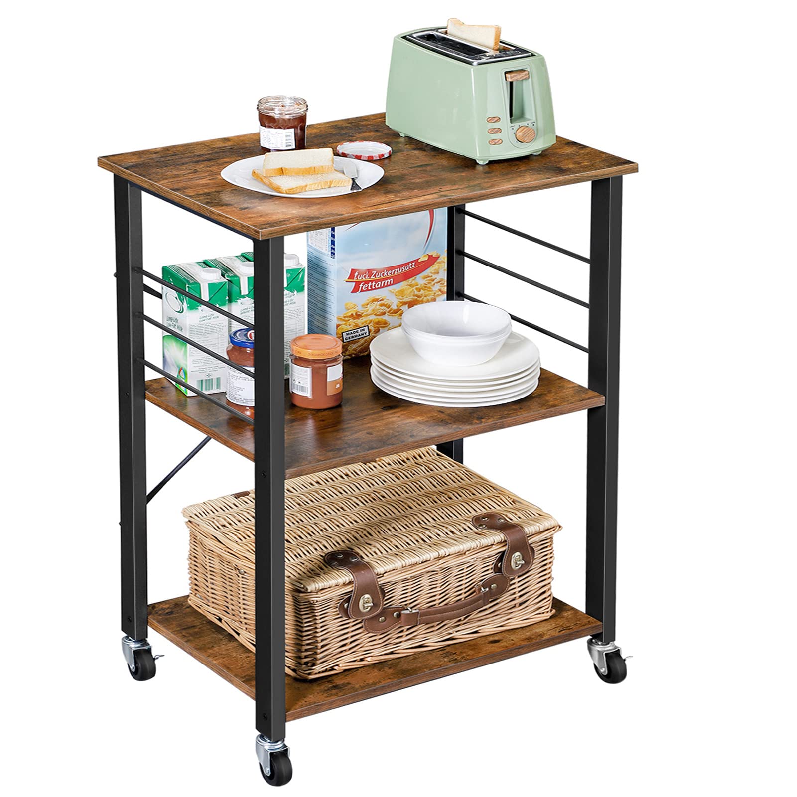 VASAGLE Kitchen Shelf on Wheels, 23.6 Inches Serving Cart with 3 Shelves, Kitchen Cart, Microwave Shelf, for Mini Oven, Toaster, with 6 Hooks, Industrial Style, Rustic Brown and Ink Black UKKS60XV1