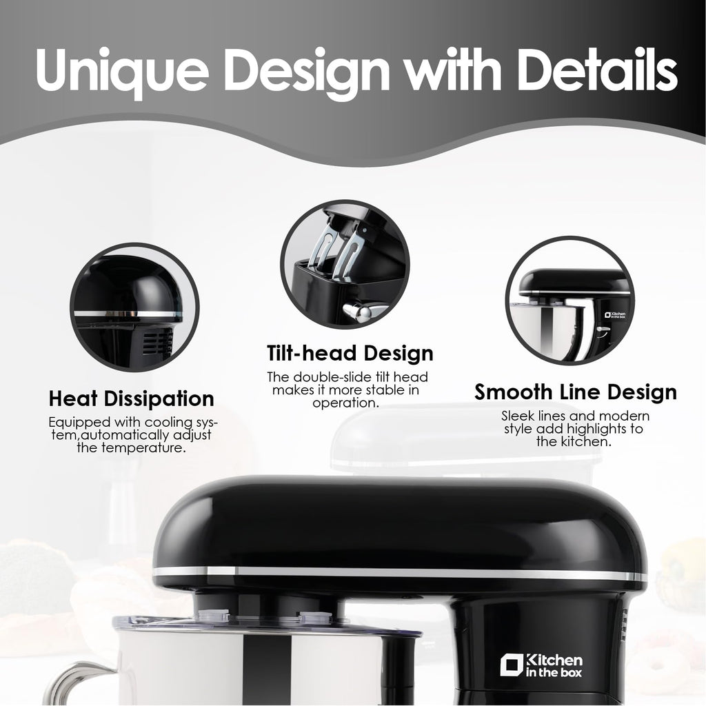 Kitchen in the box Stand Mixer - 6.5 Quart Mixing Bowl with Handle, 900 Watt Heavy Bread Dough Standing Mixers Tilt-head with Dough Hook, Whisk, Flat Beater and Splash Guard (Black)