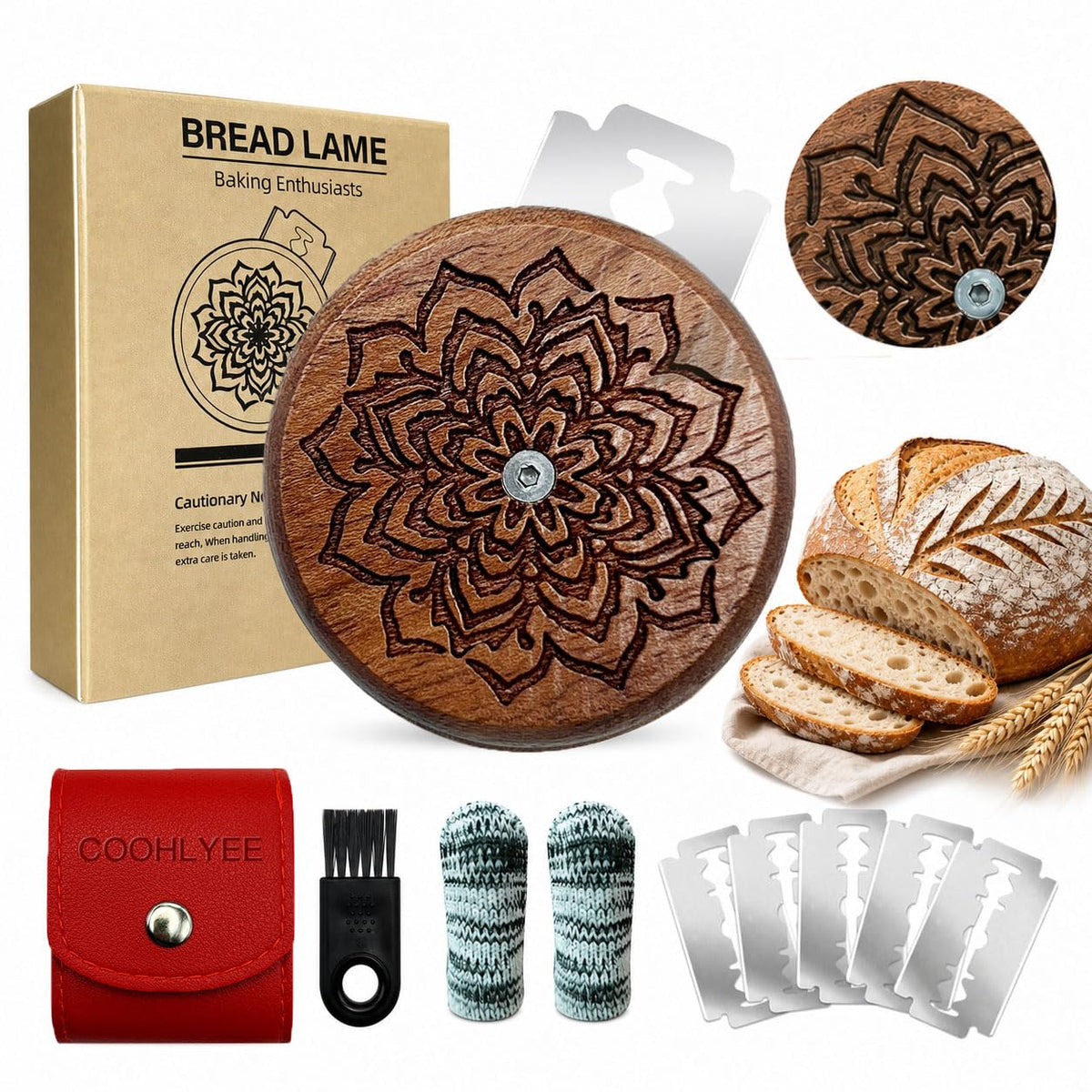 Bread Lame Sourdough Scoring Tool, Wooden UFO Bread Scorer with 5 Blades