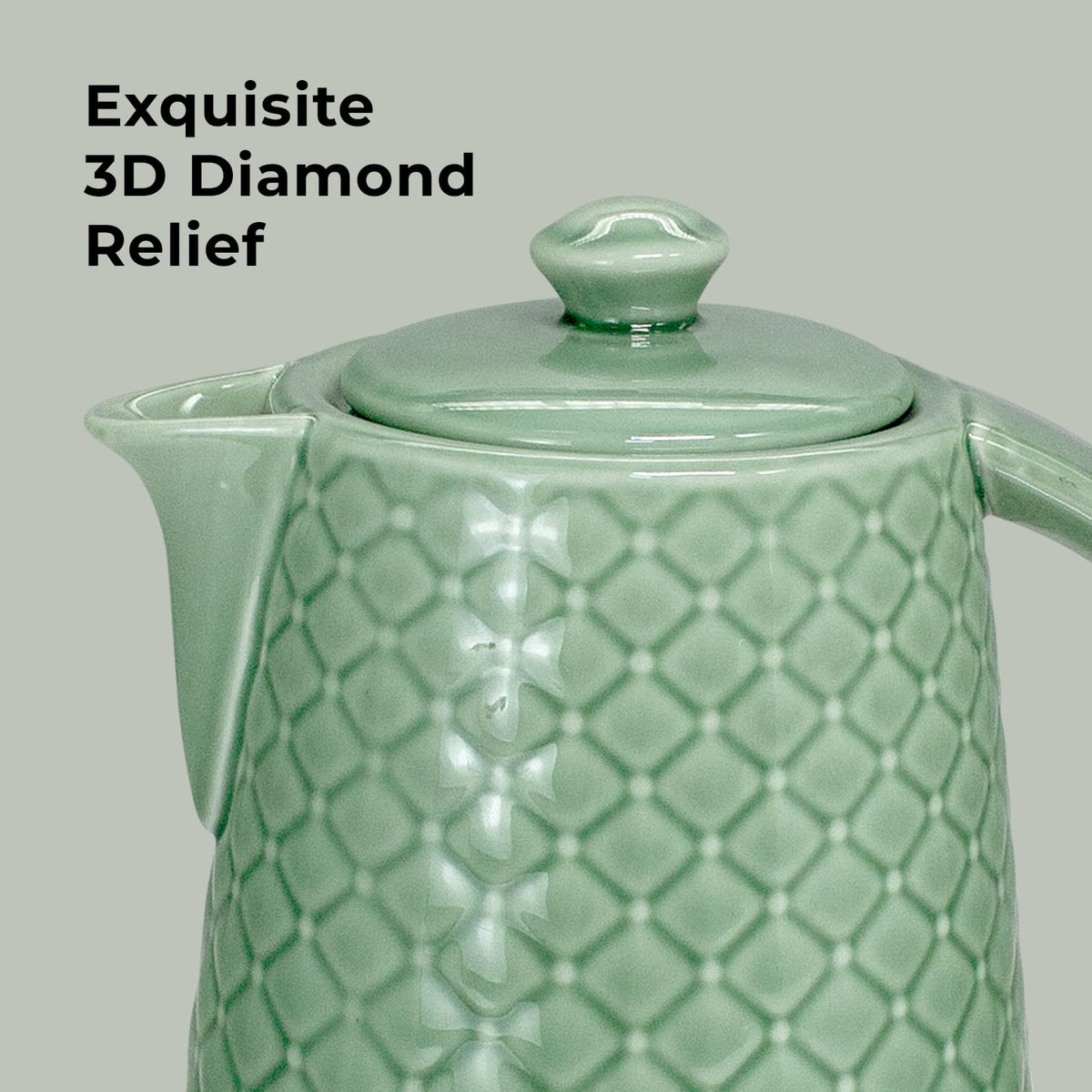 LONGSEED 1.5L Ceramic Electric Kettle, 1200W Fast Boil Retro Tea Pot with LED Light, BPA-Free Porcelain Cordless Water Boiler, Auto Shut-Off & Boil-Dry Protection, Green Relief Carving