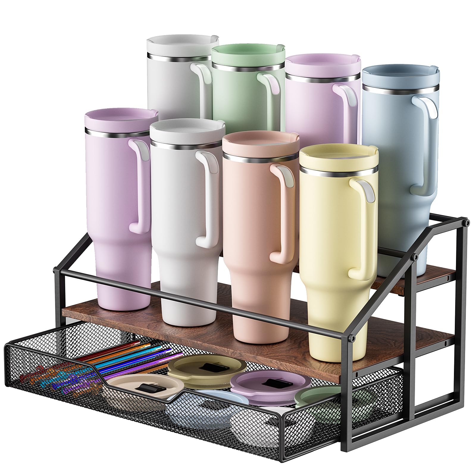 2-Tier Stanley Cup Holder for 8 Tumblers, Lid Organizer, Natural Wood