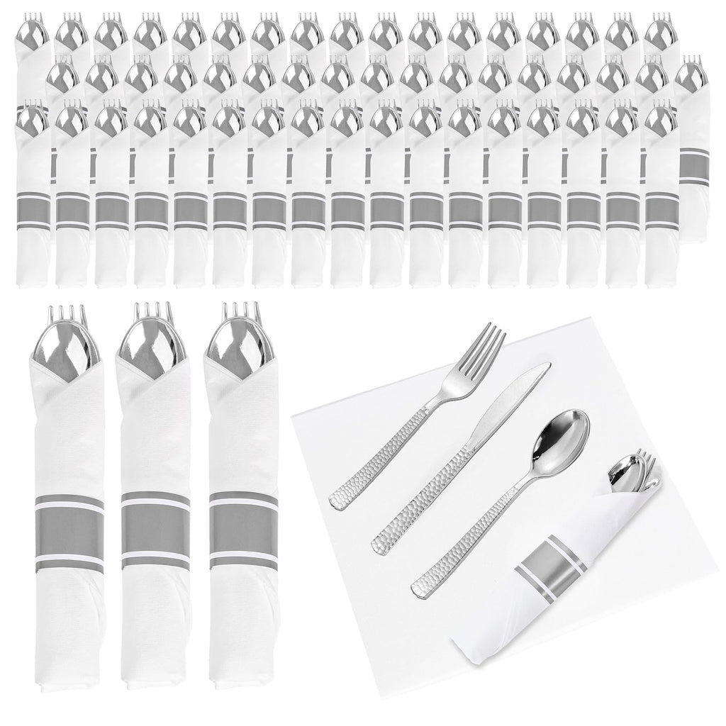 WELLIFE 75 Pack Gold Plastic Cutlery,Pre Rolled Silverware Set Disposable,Gold Disposable Utensils,Includes: 75 Forks, 75 Knives, 75 Spoons, 75 Napkins, Plastic Silverware