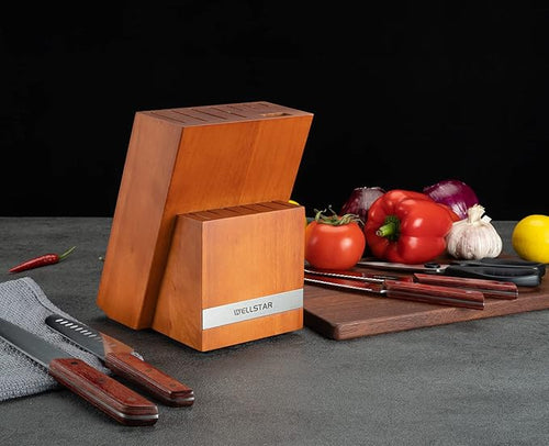 14 Slot Kitchen Knives Block, WELLSTAR Natural Wood Knife Holder without Knives – Hard Wood Countertop Knife Storage – Brown