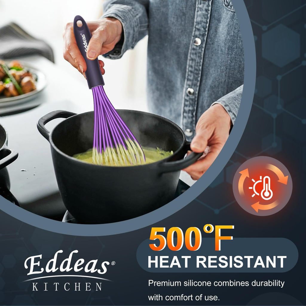 Eddeas Silicone Whisk, 500°F Heat Resistant Non Scratch Coated Whisks for Cooking Baking Balloon wisk, Kitchen Whisk Tool Set, for Stirring, Beating & Blending of 3 Size 7.5"+ 9" +11 inch